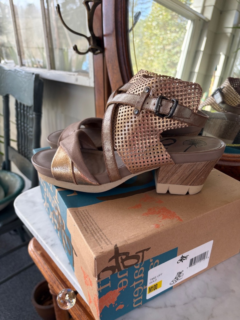 OTBT Sandals Metallic Gold Perforated Block-Heel Sandals
